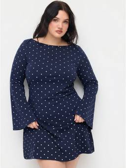 Cider - Cotton Blend Women's Polka Dot Ruched Bell Sleeve Mini Dress Navy Blue