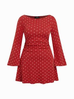 Cider - Cotton Blend Women Polka Dot Ruched Bell Sleeve Mini Dress Red