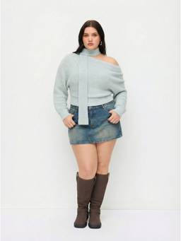 Cider - Knit Wool-blend Women Asymmetrical Neck Long Sleeve Top Blue