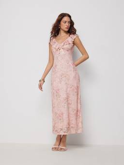 Cider - Floral Women's V-Neck Ruffled Sleeve Straight Midi Dress Pink