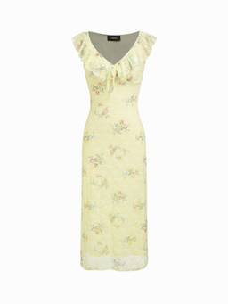 Cider - Floral Women's V-Neck Ruffled Sleeve Straight Midi Dress Yellow