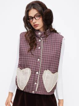 Cider - Checks Women's High Neck Heart Pocket Puffer Vest Burgundy