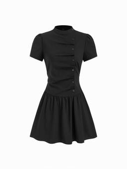 Cider - Stand Collar Women's Puff Sleeve Tie-Back Mini Dress Black