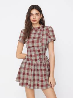 Cider - Plaid Women's Puff Sleeve Stand Collar Mini Dress Burgundy
