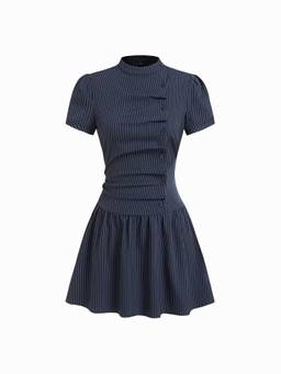 Cider - Plaid Women's Stand Collar Puff Sleeve Mini Dress Navy Blue