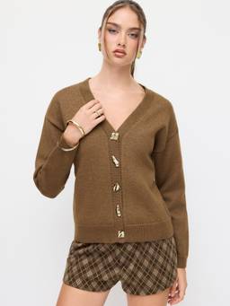 Cider - Knit Women's V-Neck Belted Metal Button Shrug Tan