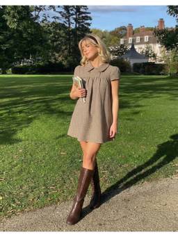 Cider - Houndstooth Women's Peter Pan Collar Button Mini Dress Khaki