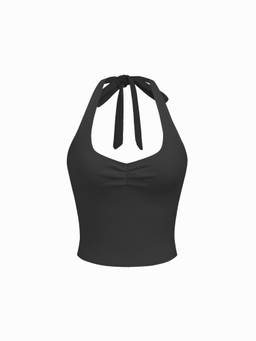 Cider - Cotton Blend Women Ruched Halter Neck Crop Top Black