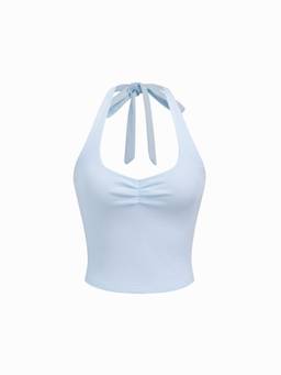 Cider - Cotton-Blend Women Ruched Halter Neck Crop Top Light Blue
