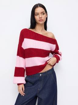 Cider - Asymmetrical Neck Women’s Striped Oversized Sweater Pink