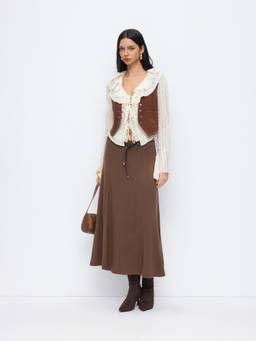 Cider - Cotton-Blend Women Mid-Rise Belted Ruffle Maxi Skirt Brown