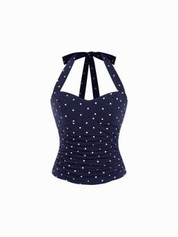 Cider - Cotton Women's Polka Dot Halter Neck Ruched Top Navy Blue