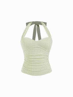 Cider - Cotton Women's Ruched Halter Neck Tie-Back Top Pale Green