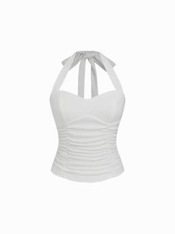 Cider - Cotton Women's Ruched Halter Neck Tie-Back Top White