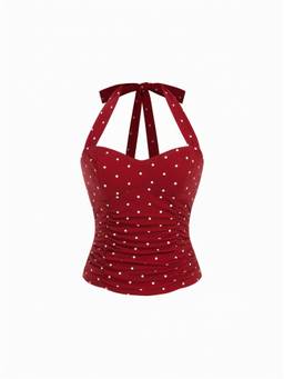 Cider - Polka Dot Women Ruched Halter Neck Top Wine
