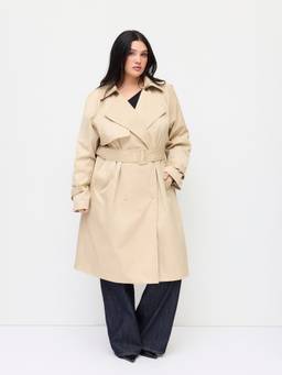Cider - Notched Collar Women Oversized Belted Trench Coat Beige