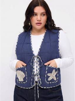 Cider - Cotton Gingham Women's Tie-Front Quilted Puffer Vest Navy Blue
