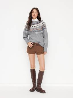 Cider - Dachshund Detail Women Oversized Round Neck Sweater Grey