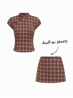 Cider - Mandarin Collar Women Plaid Mid Rise Skort Set Wine