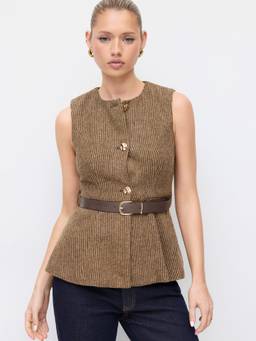 Cider - Wool-look Women’s Belted Metal Button Round Neck Vest Top Brown