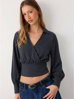 Cider - Cinched Waist Women V-Neck Full Sleeve Top Navy Blue