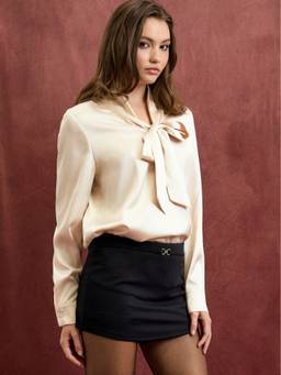 Cider - Satin Women's Oversized V-Neck Bowknot Blouse Champagne