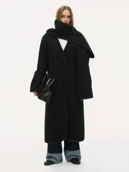 Cider - Wool-Look Women V-Neck Oversized Longline Coat Black