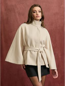 Cider - Wool-look Women Stand Collar Belted Cape Jacket Beige