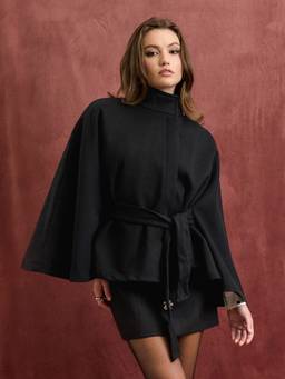 Cider - Wool-look Women Stand Collar Belted Cape Jacket Black
