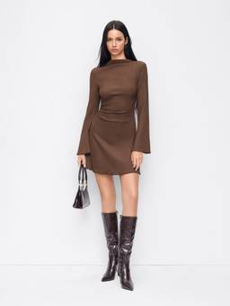 Cider - Texture Women's Ruched Stand Collar Mini Dress Brown
