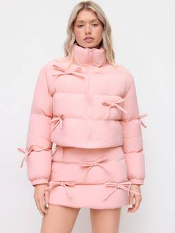 Cider - Funnel Neck Women Bowknot Zip-Through Puffer Jacket Pink