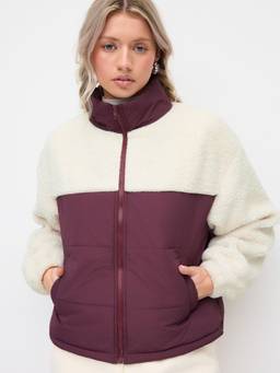 Cider - Colorblock Women Faux Fur Stand Collar Oversized Jacket Purple