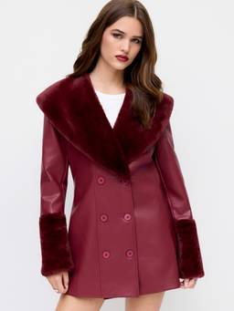 Cider - Faux Fur Trim Women Double Breasted Faux Leather Jacket Wine