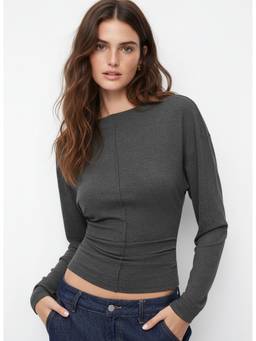 Cider - Ruched Cinched Waist Women's Boat Neck Batwing Top Grey