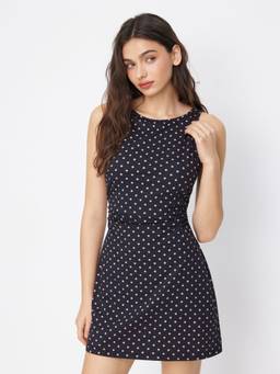 Cider - Cotton Blend Women Polka Dot Ruched Mini Dress Navy Blue