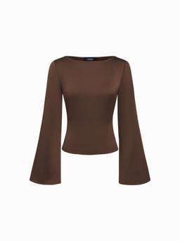 Cider - Satin Women's Boat Neck Bell Sleeve Blouse Brown