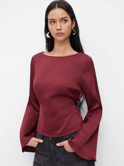 Cider - Satin Women's Boat Neck Bell Sleeve Blouse Wine