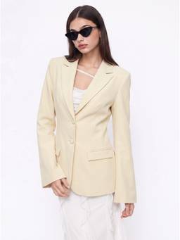 Cider - Notched Collar Women's Bell Sleeve Button Blazer Beige