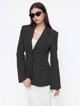 Cider - Notched Collar Women’s Bell Sleeve Button Blazer Black