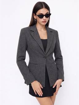 Cider - Textured Women's Tie-Back Notched Lapel Single-Button Blazer Charcoal