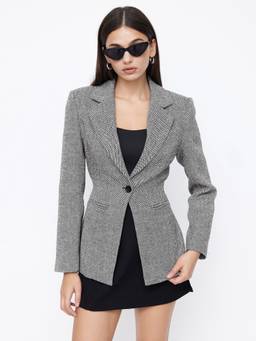 Cider - Notched Collar Women Tie-Back Split Hem Single-Button Blazer Grey