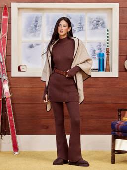Cider - Rib Knit Women's Slim High Neck Belted Longline Sweater Brown