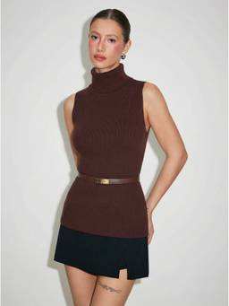 Cider - Knit Women's Sleeveless Turtleneck Belted Tank Top Brown