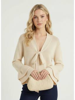 Cider - Wool-Blend Women’s Oversized V-Neck Bow Tie Cardigan Beige