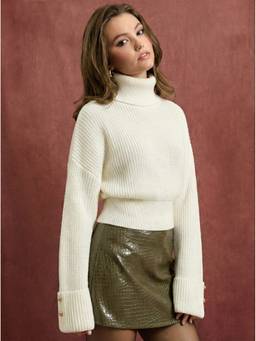 Cider - Knit Women's Turtleneck Button Detail Top Beige