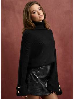 Cider - Knit Women's Turtleneck Button Detail Top Black