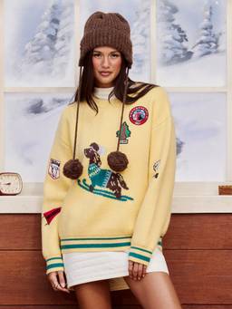 Cider - Dog Skiing Pattern Oversized Women's Round Neck Pullover Sweater Yellow