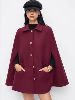 Cider - Wool-Look Women Metal Button Collared Cape Coat Burgundy