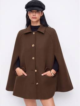 Cider - Wool-Look Women’s Metal Button Collar Oversized Cape Coat Brown