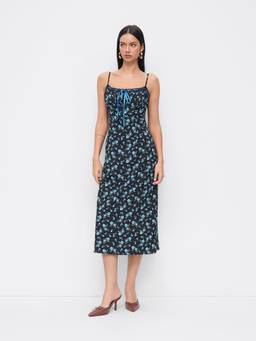 Cider - Ditsy Floral Women's Bowknot Square Neck Maxi Dress Black